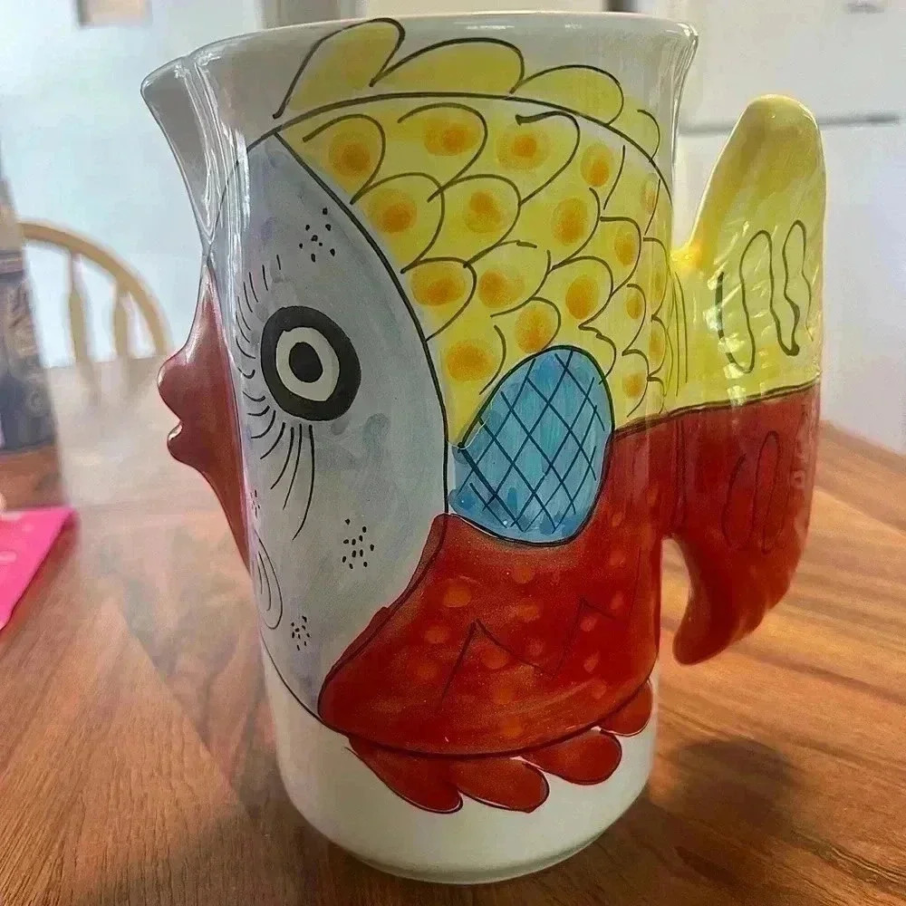 Vintage- Desuir Vietri Italy  Hand Painted Kissing Fish Pitcher Mid Century Art